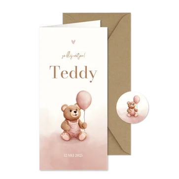 Lief geboortekaartje teddybeer met ballon roze waterverf